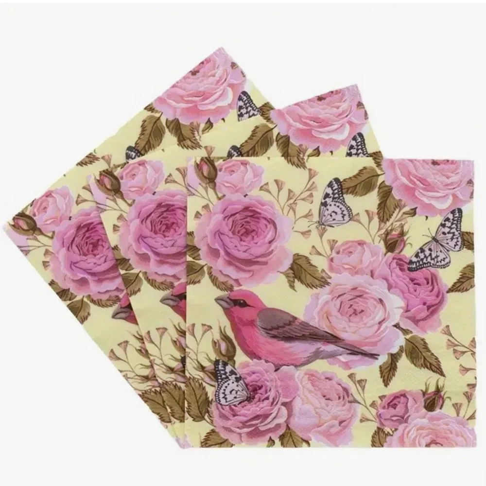 Three (3) Individual Floral Rose and Bird Print Decoupage Luncheon Size Napkins